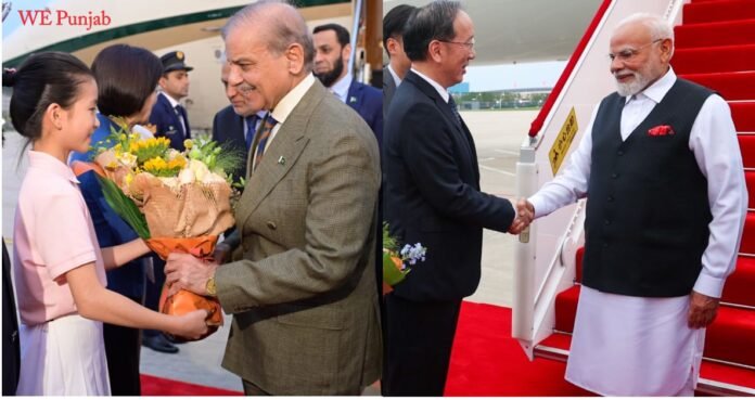 Composite photo showing PM Shehbaz Sharif (left) PM Narendra Modi (right) being received by Chinese officials at Tianjin Airport.