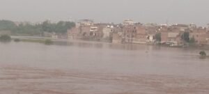 Floodwater flowing through River Ravi near Shahdara Lahore.