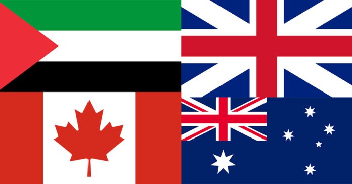 Composite image of flags of Palestine, UK, Canada and Australia