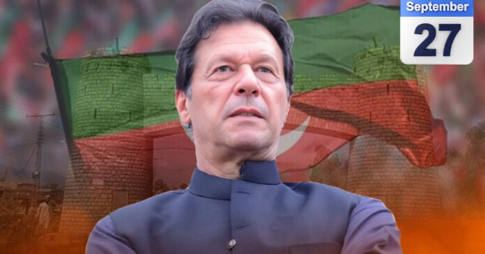 PTI founding chairman Imran Khan portrait, also showing Sept 27 date for Peshawar Jalsa