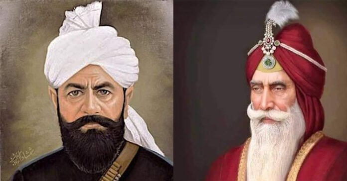 A composite image featuring portraits of Maharaja Ranjit Singh (right) and Rai Ahmad Khan Kharal (left).