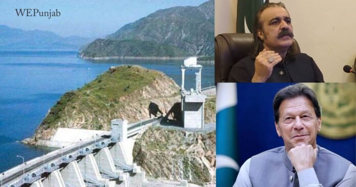 Composite image with Kalabagh Dam site on left, Gandapur on top right, Imran Khan on bottom right.