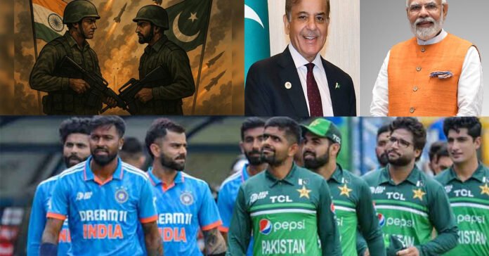 Composite image shows PM Shehbaz Sharif and PM Modi, AI image of a Pakistani and an Indian soldier and Pakistan and Indian Cricket team players.