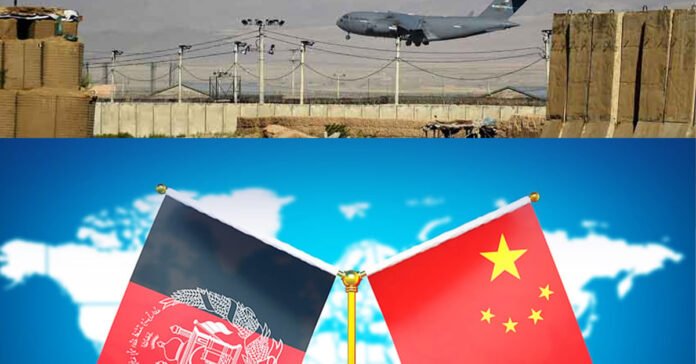Composite image featuring Bagram airbase and China and Afghanistan flags.