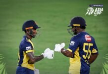 Picture shows Sri Lanka batters celebrating victory over Hong Kong-ACC