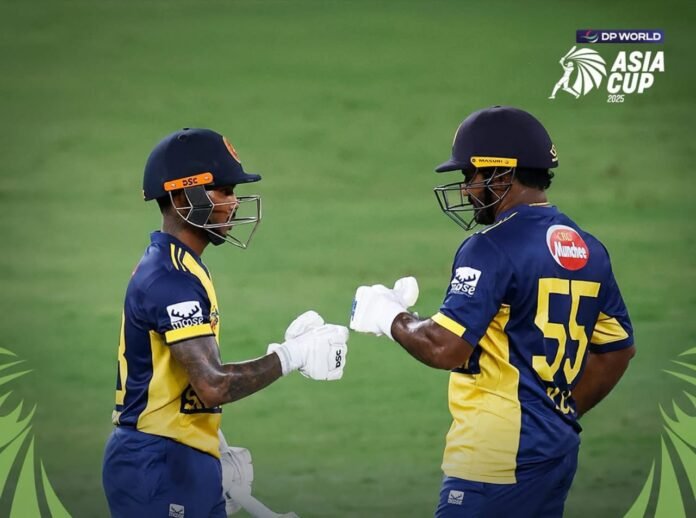 Picture shows Sri Lanka batters celebrating victory over Hong Kong-ACC