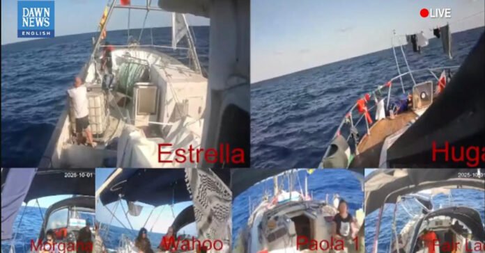 Dawn News YouTube live screenshot image shows Global Sumud Flotilla in Mediterranean Sea.