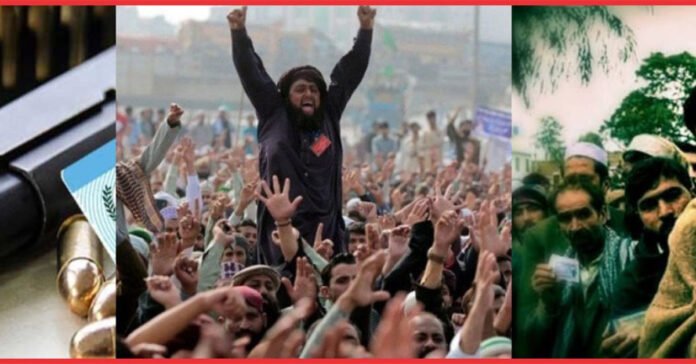 Composite image shows TLP protestors, firearm and Afghan nationals