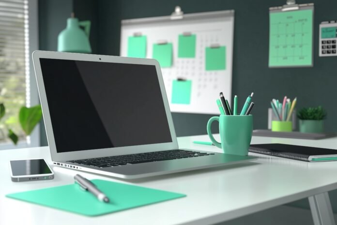 The image shows unlocked laptop on computer table-Kaspersky