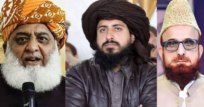 A composite image showing JUI-F head Maulana Fazlur Rehman (left), Banned TLP head Saad Rizvi (centre) and Mufti Muneeb-ur-Rehman (right).