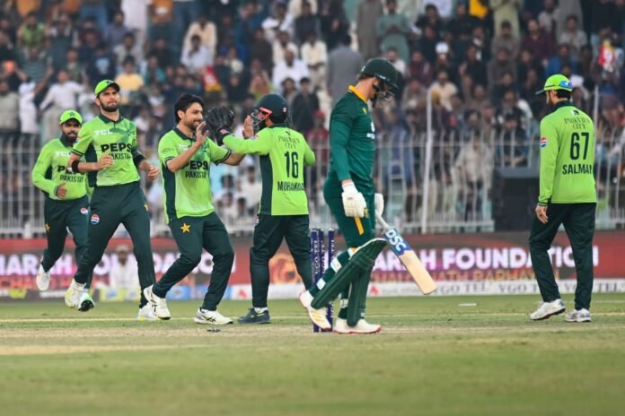 The image shows Pakistan players celebrating South Africa wicket-PCB
