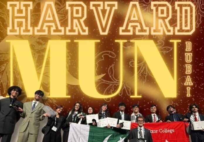 The image shows Nixor College students with awards at the HMUN Dubai conference