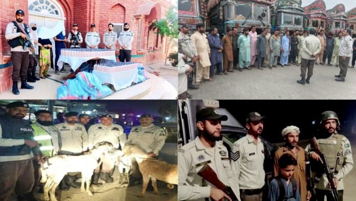 Punjab Highway Patrol personnel display seized items, rescued livestock and conduct roadside checks during operations.