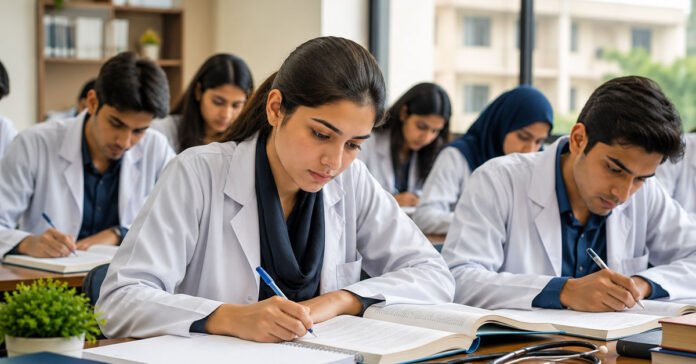 Students studying in classroom for MDCAT preparation.