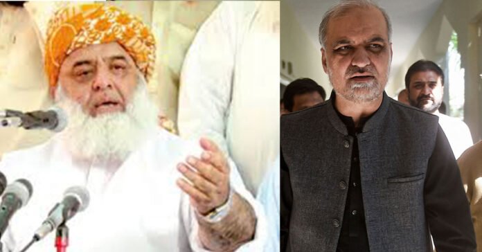 A composite image featuring JUI-F chief Maulana Fazlur Rehman (left) and Jamaat-e-Islami Pakistan Emir Hafiz Naeem ur Rehman.