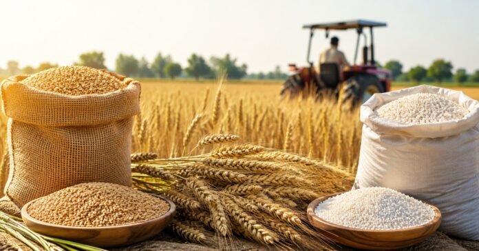 An AI image showing wheat crop, wheat and flour bags and a tractor.