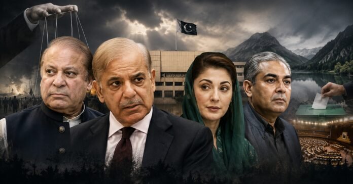 AI illustration featuring Nawaz Sharif, Shehbaz Sharif, Maryam Nawaz and Mohsin Naqvi