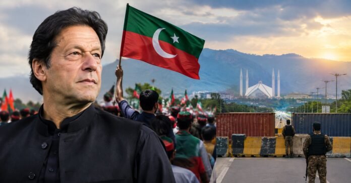 AI Image shows former prime minister Imran Khan, PTI supporter holding party flag and Faisal Mosque Islamabad.