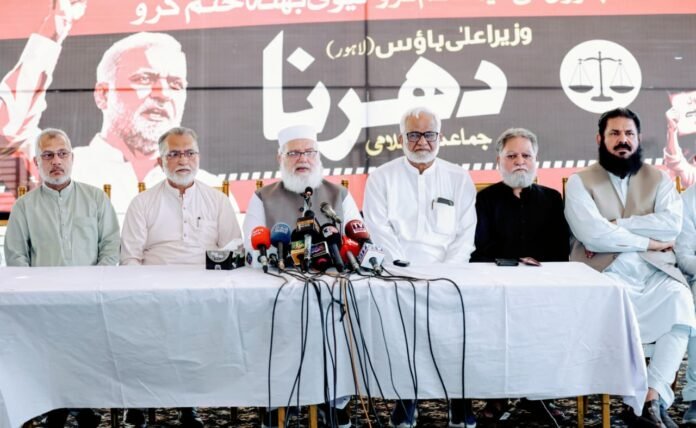 Jamaat-e-Islami Vice-Emir Liaqat Baloch addresses press conference in Lahore.
