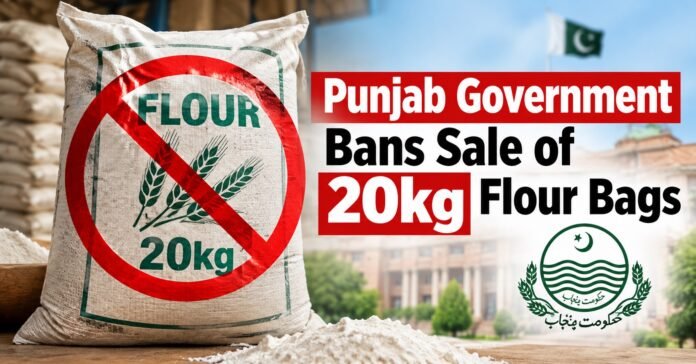 AI image showing a flour bag of 20kg with a ban sign on it, a Punjab government logo and a caption reading Punjab government bans sale of 20kg flour bags.